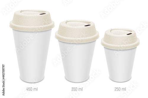 Set of vector realistic blank disposable coffee cups with a lid made of kraft paper. Different sizes of eco containers for drinks to go.
