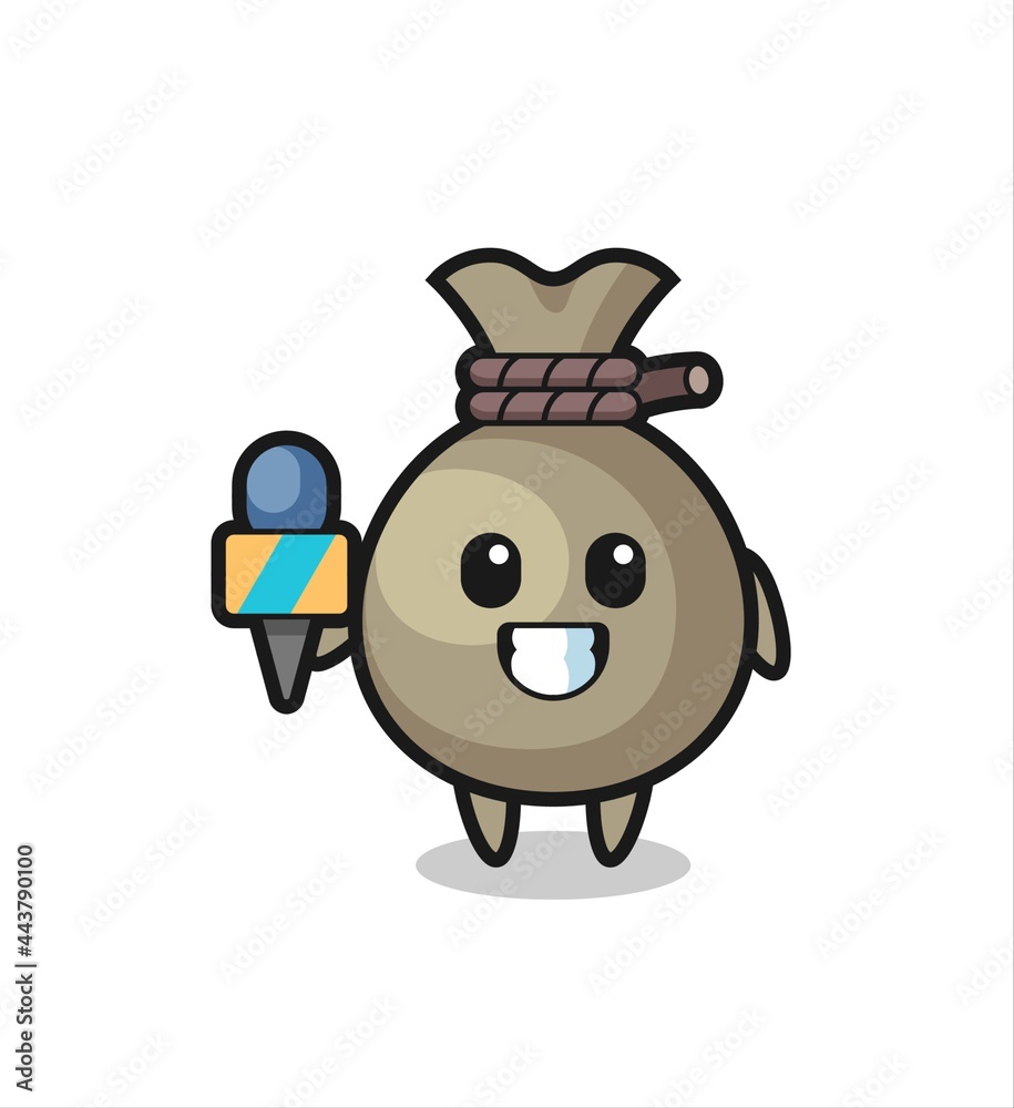 Obraz premium Character mascot of money sack as a news reporter