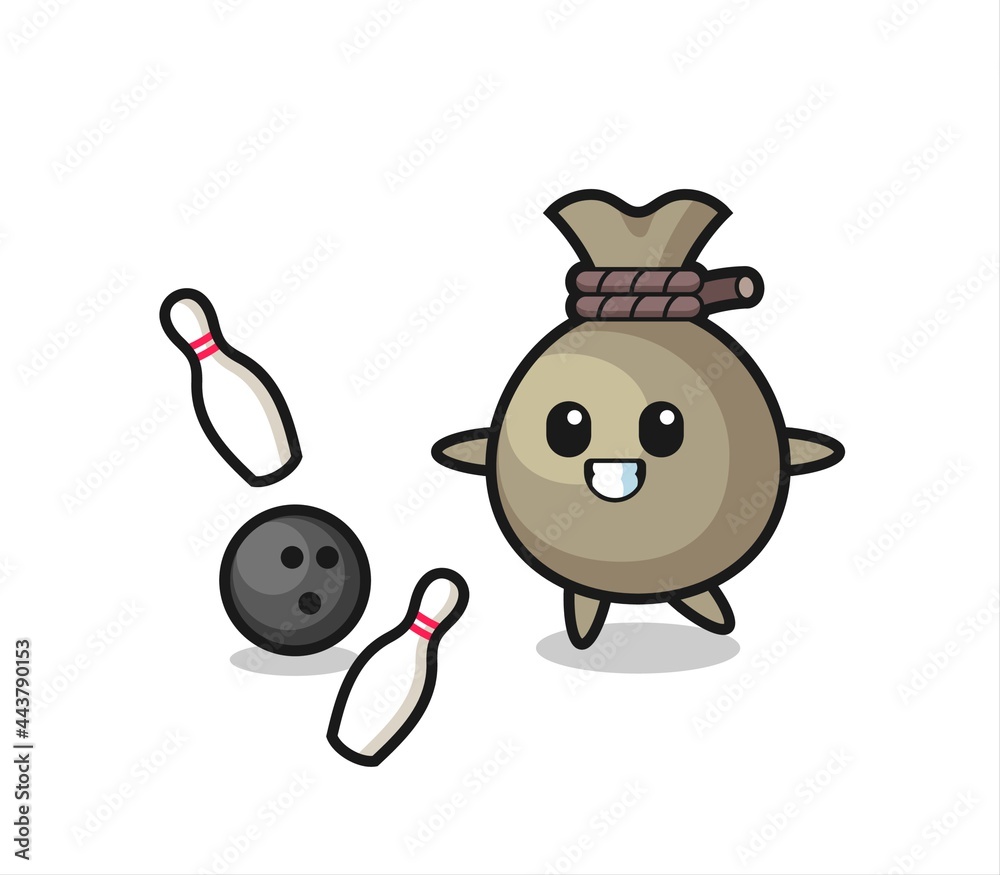 Obraz premium Character cartoon of money sack is playing bowling