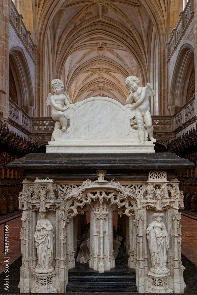 BOURG-EN-BRESSE, FRANCE, June 29, 2021 : Detail of graves in gothic Brou monastery church