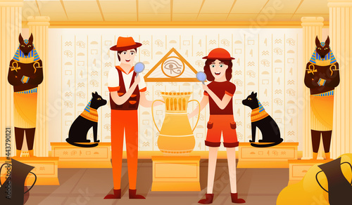 Cute woman and man archaeologist exlore egyptian pyramid, pharaoh tomb in cartoon style with anubis scalpture and cat bust, colourful background for game design, treasute hunting underground photo