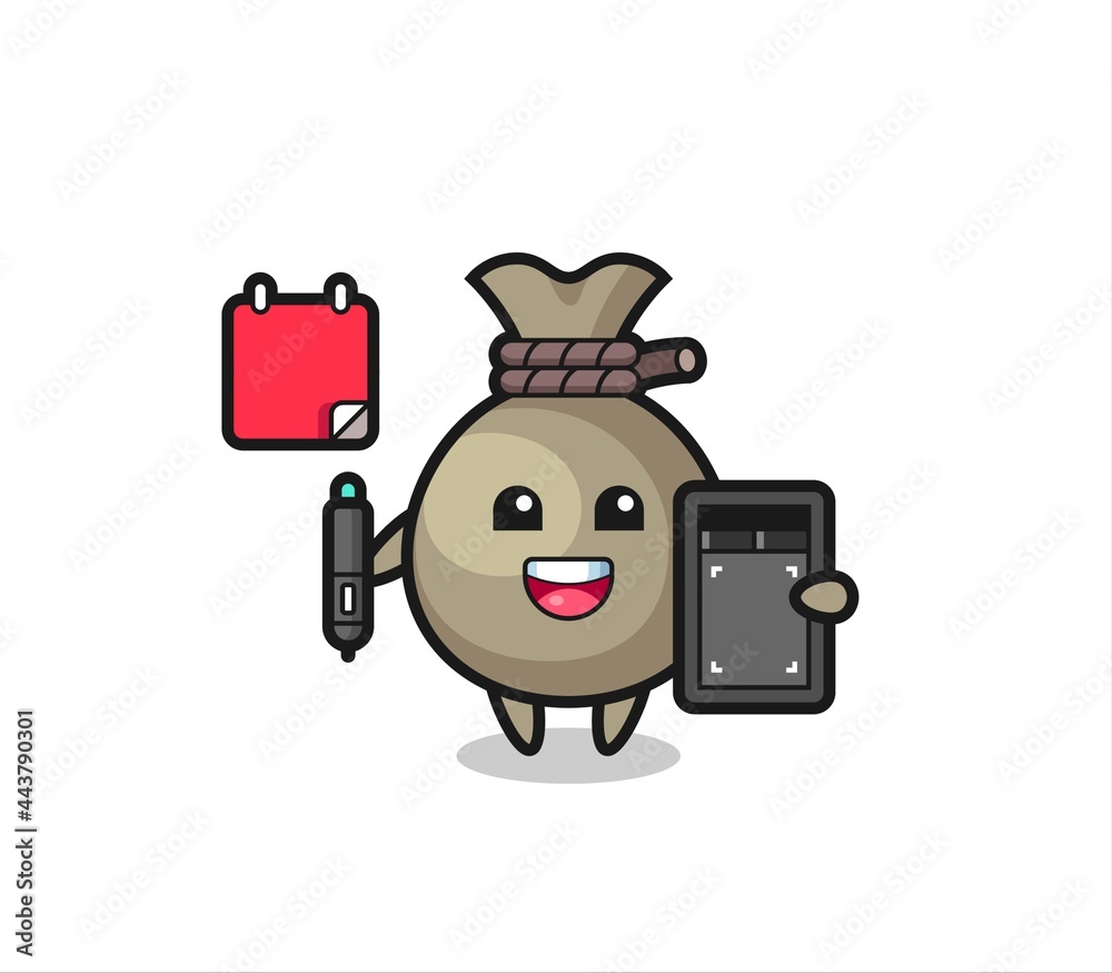 Illustration of money sack mascot as a graphic designer