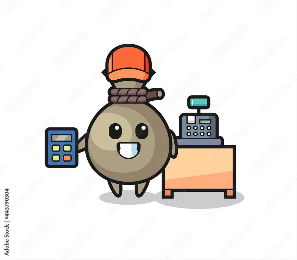 Illustration of money sack character as a cashier
