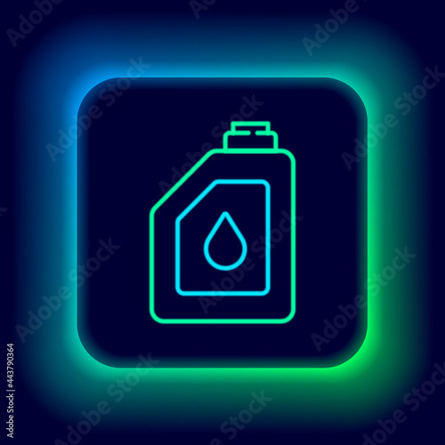 Glowing neon line Canister for motor machine oil icon isolated on black background. Oil gallon. Oil change service and repair. Engine oil sign. Colorful outline concept. Vector