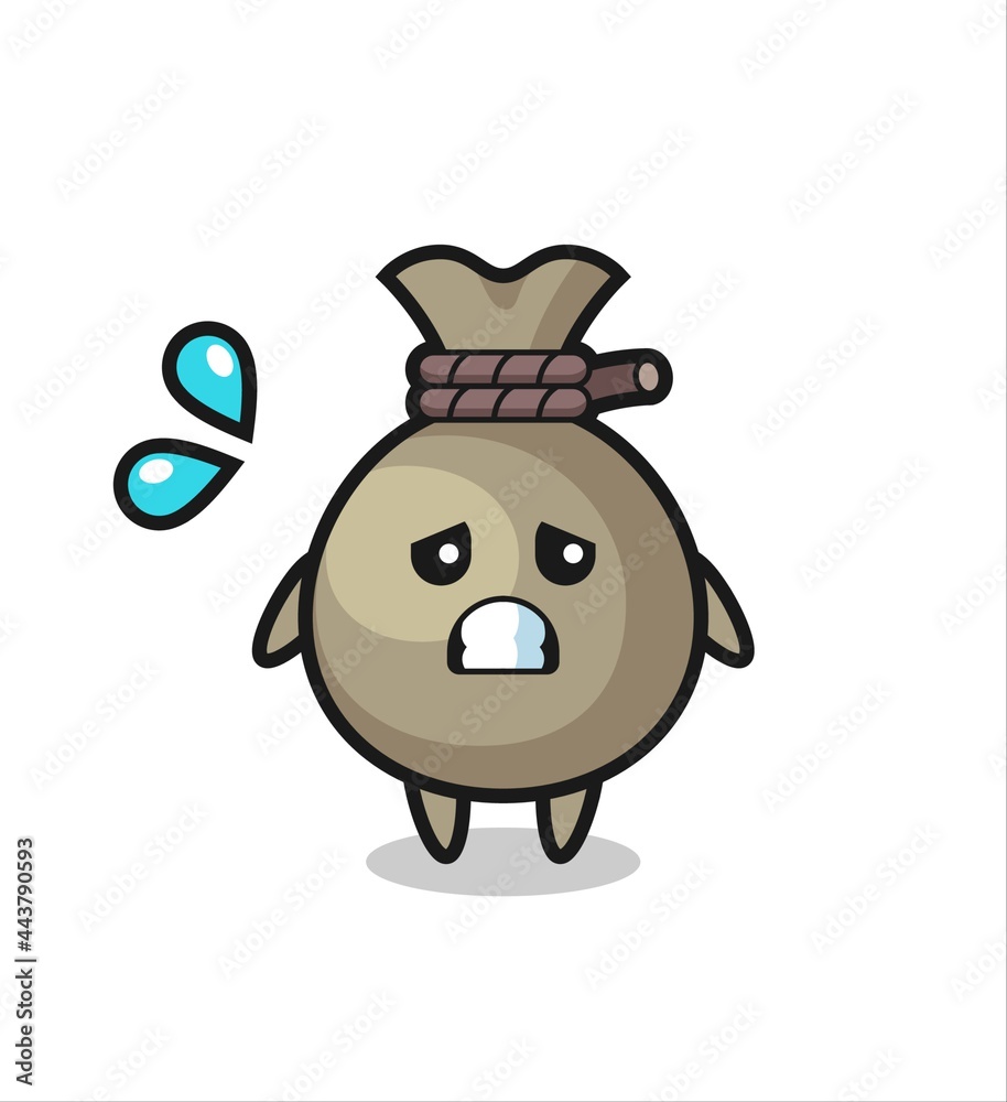 money sack mascot character with afraid gesture