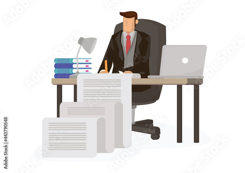 Businessman working on a long document on his work desk.