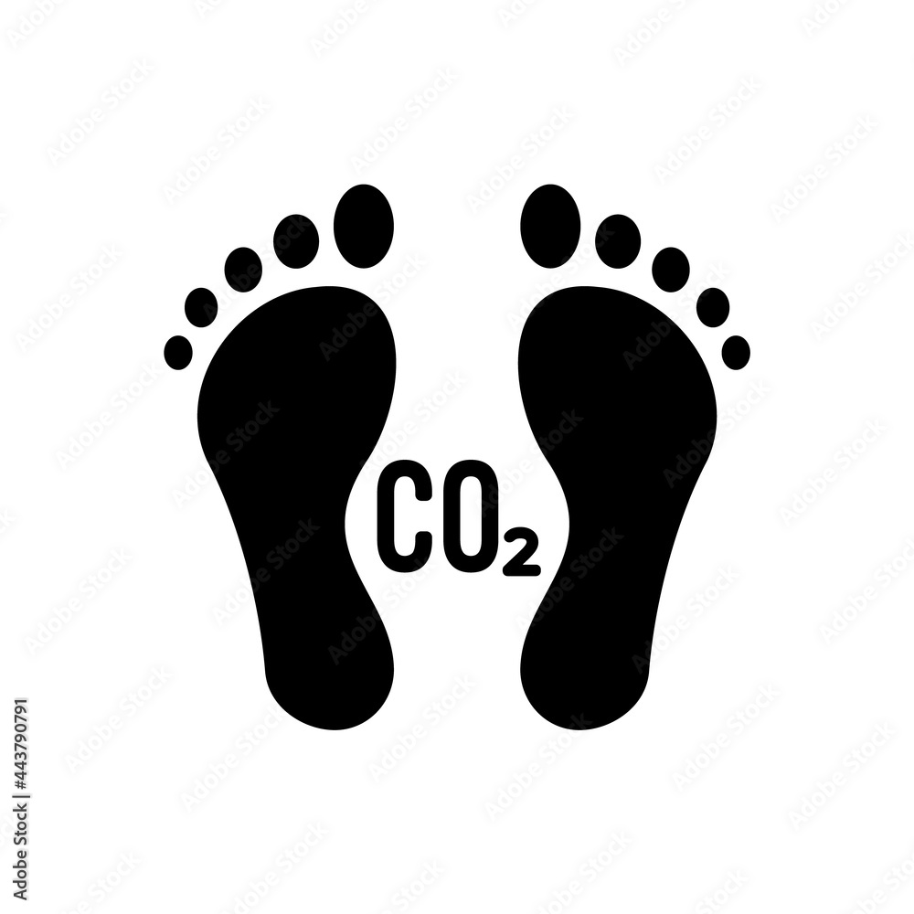 Carbon footprint icon. Black footprints with CO2 text. Two human feet. Toxic gases pollution, global warming concept. Environmental damage. Fossil fuel. Zero emission goal. Vector illustration, symbol Carbon footprint icon. Black footprints with CO2 text. Two human feet. Toxic gases pollution, global warming concept. Environmental damage. Fossil fuel. Zero emission goal. Vector illustration, symbol