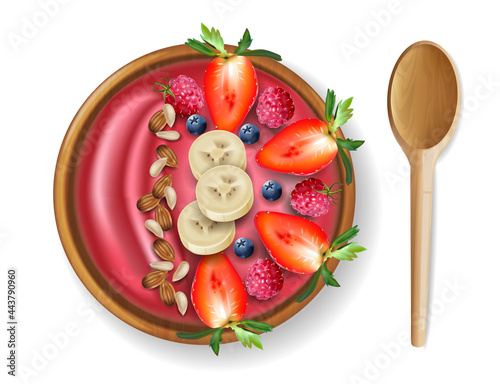 Fruit bowl vector realistic mock up. Fresh strawberry fruits breakfast. Healt...