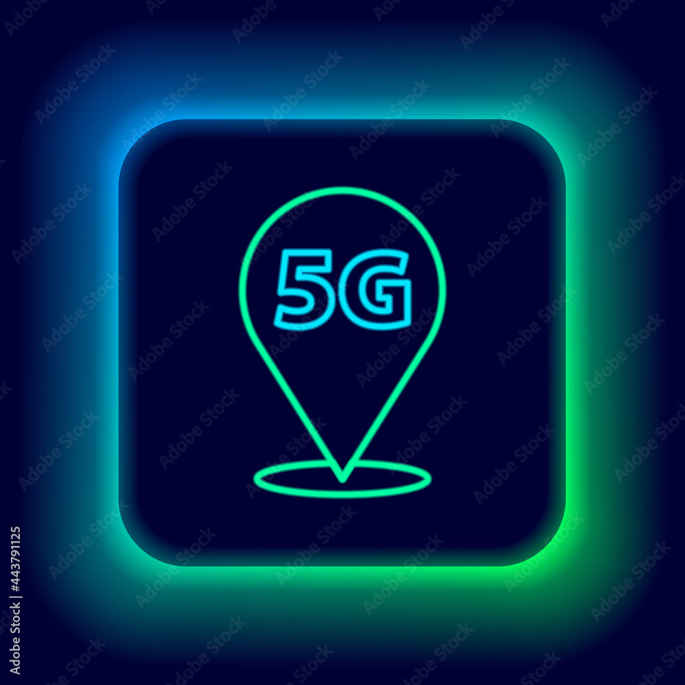 Glowing neon line Location 5G new wireless internet wifi connection icon isolated on black background. Global network high speed connection data rate technology. Colorful outline concept. Vector Glowing neon line Location 5G new wireless internet wifi connection icon isolated on black background. Global network high speed connection data rate technology. Colorful outline concept. Vector