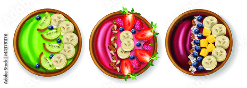 Healthy bowls breakfast vector realistic set collection