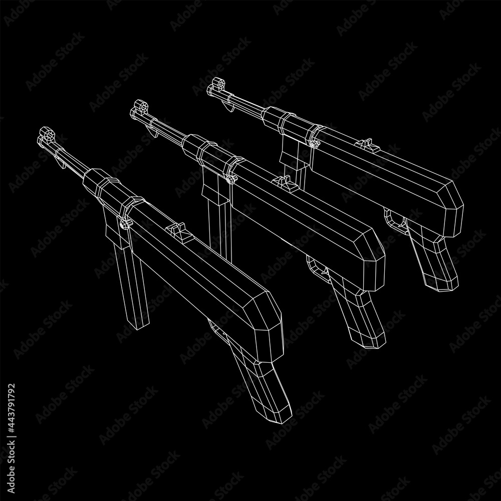 Submachine gun german MP 40 world war 2 firearms pistol. Wireframe low poly mesh vector illustration. Submachine gun german MP 40 world war 2 firearms pistol. Wireframe low poly mesh vector illustration.