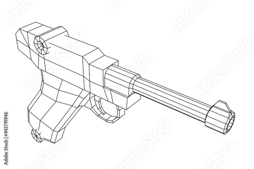 German world war military firearm pistol. Wireframe low poly mesh vector illustration.