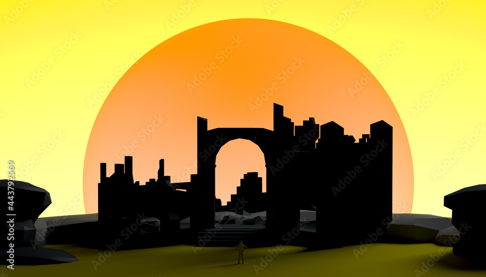 Abstract sunset with ruins of an ancient cathedral or church. Banner. Background. 3d illustration.
