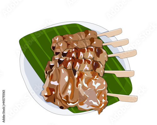 moo ping, Thai sweet pork grilled serve on plate decoration with banana leaf. Isolated set of pork grilled on white background. Close up food and beverage.  Thai cusine vector illustration. 