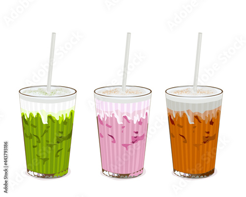 Thai ice tea, green tea and pink milk tea. Isolate glasses of thai milk tea on white background. Anime food and beverage hand drawing vector illustration. Close up drink vector.  