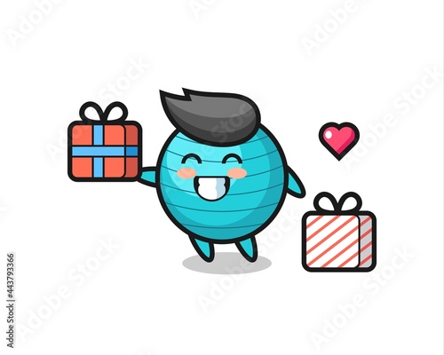 exercise ball mascot cartoon giving the gift