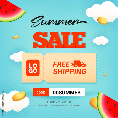 Summer sale free shipping coupon ticket vector design. 
Watermelons and coins floating in the sky