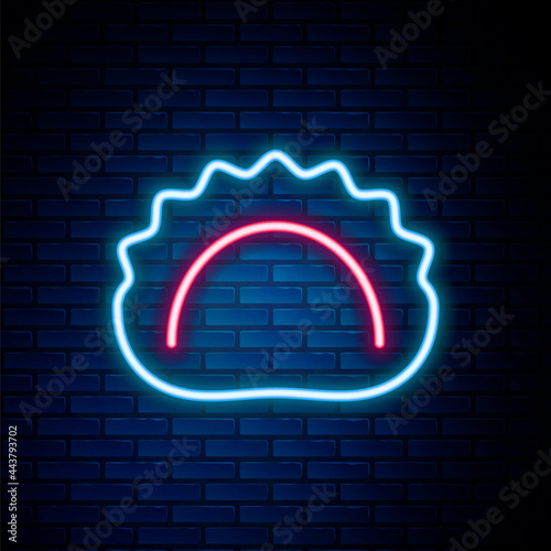 Glowing neon line Dumplings icon isolated on brick wall background. Pierogi, varenyky, pelmeni, ravioli. Traditional Ukrainian food. Colorful outline concept. Vector