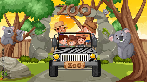 Zoo at sunset time scene with many children watching koala group