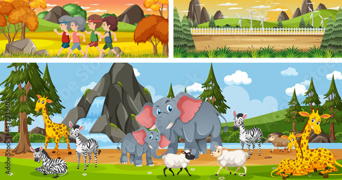 Set of outdoor panoramic landscape with cartoon character