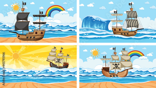 Set of different beach scenes with pirate ship