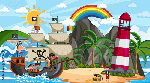 Beach with Pirate ship at daytime scene in cartoon style