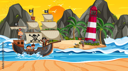 Ocean with Pirate ship at sunset scene in cartoon style