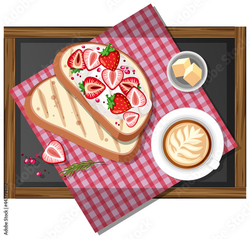 Top view of strawberry bruschetta on wooden tray with a cup of coffee isolated