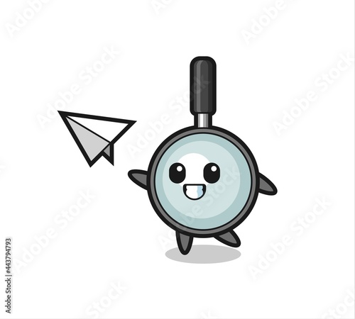 magnifying glass cartoon character throwing paper airplane