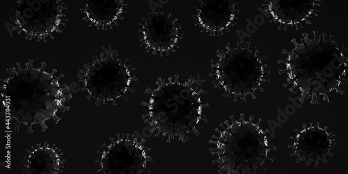 Virus background with rim light on black. 3d illustration. Banner. Header. Abstract. 