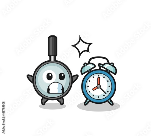 Cartoon Illustration of magnifying glass is surprised with a giant alarm clock