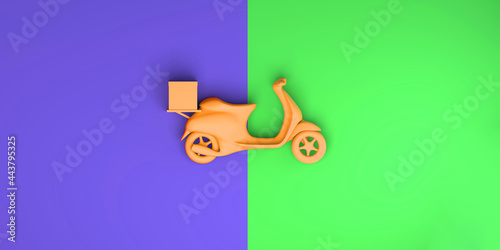 Delivery motorbike on purple and green background. Top view. Flat lay. 3D illustration. Banner.