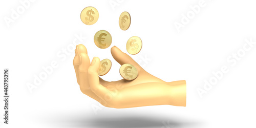 Philanthropy banner. Hand holding coins. Charity. Donation. 3d illustration.