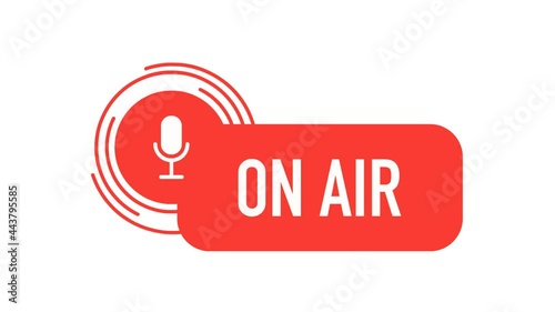 On air. Red button on air to radio, video, blog, podcast, show. Social media. On air button or banner element - catchy dialog message box. Digital communication. Web