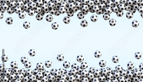 Soccer flying balls arranged in two lines. Many classic black and white football balls flying over blue background with empty space for your content. Realistic vector background