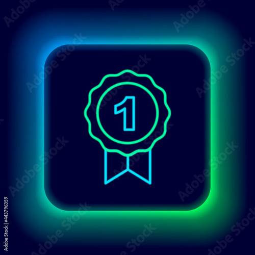 Glowing neon line Dog award symbol icon isolated on black background. Medal with dog footprint as pets exhibition winner concept. Colorful outline concept. Vector