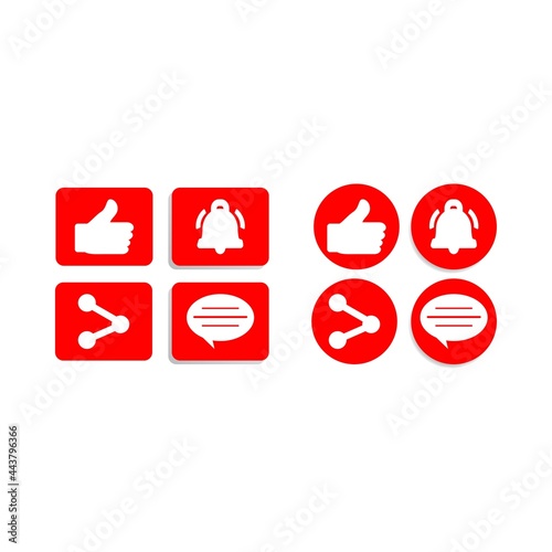 Button collection for social media vector design. Red and white color button collection. Social media button elements with like, share, and comment sections.