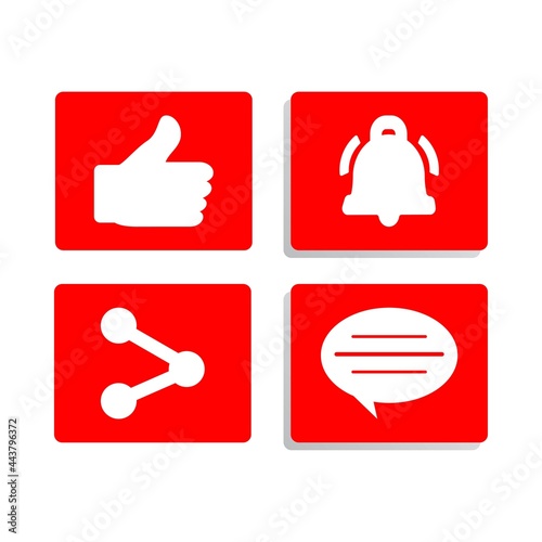 Button collection for social media vector design. Red and white color button inside square shape collection. Social media button elements with like, share, and comment sections.