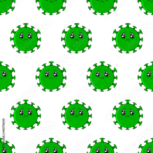 Coronavirus pattern. Cartoon cute green sad virus with big eyes. Vector illustration for websites of medical institutions, magazines, childrens books and prints.