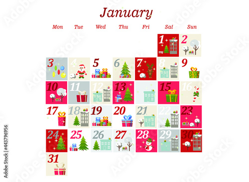 holiday advent calendar for january. winter illustration in flat style
