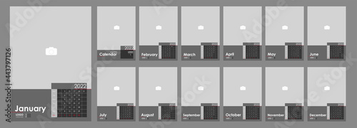 Wall Monthly Photo Calendar 2022. Simple monthly vertical photo calendar Layout for 2022 year in English. Cover Calendar, 12 months templates. Week starts from Monday. Vector illustration
