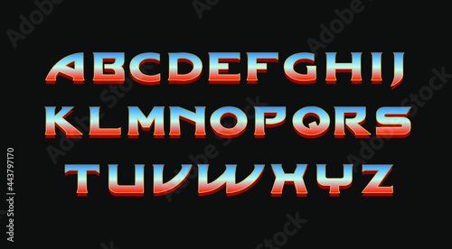 Epic Movie Retro galaxy font, vector alphabet 80s letters with a metallic effect, retro futurism arcade game typeface photo