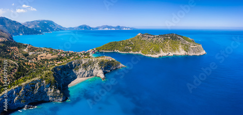 Fototapeta Naklejka Na Ścianę i Meble -  Aerial panoramic view of Assos village coast. Kefalonia island, Greece. Travel summer vocation concept