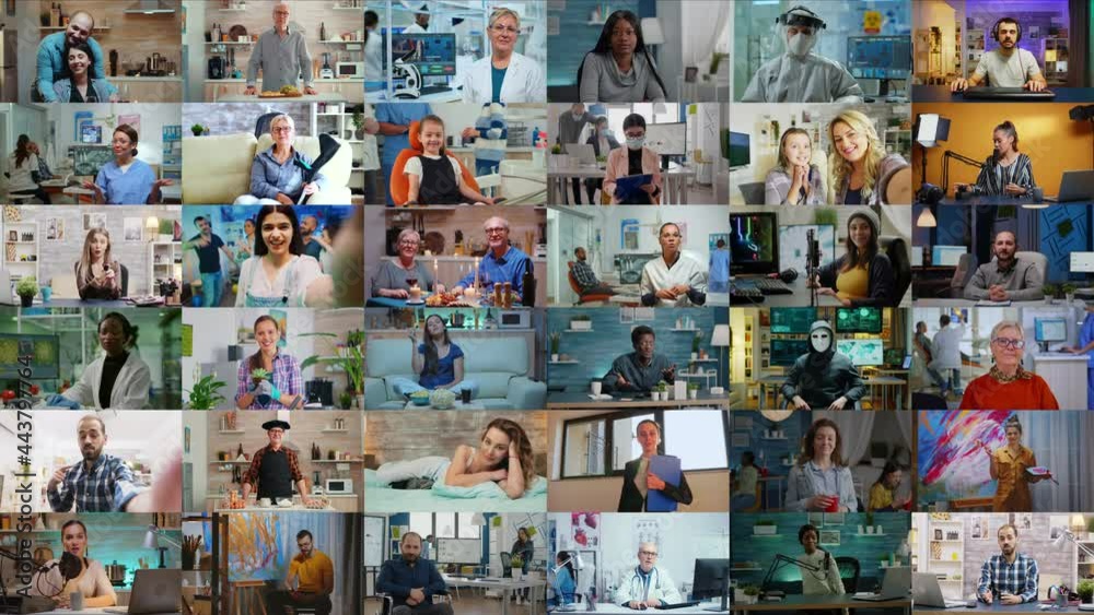 Montage of diverse multi cultural people in different activities, of different background, gender and ages. Looking at camera, happy smiling. Multiscreen split screen composition collage. Diversity