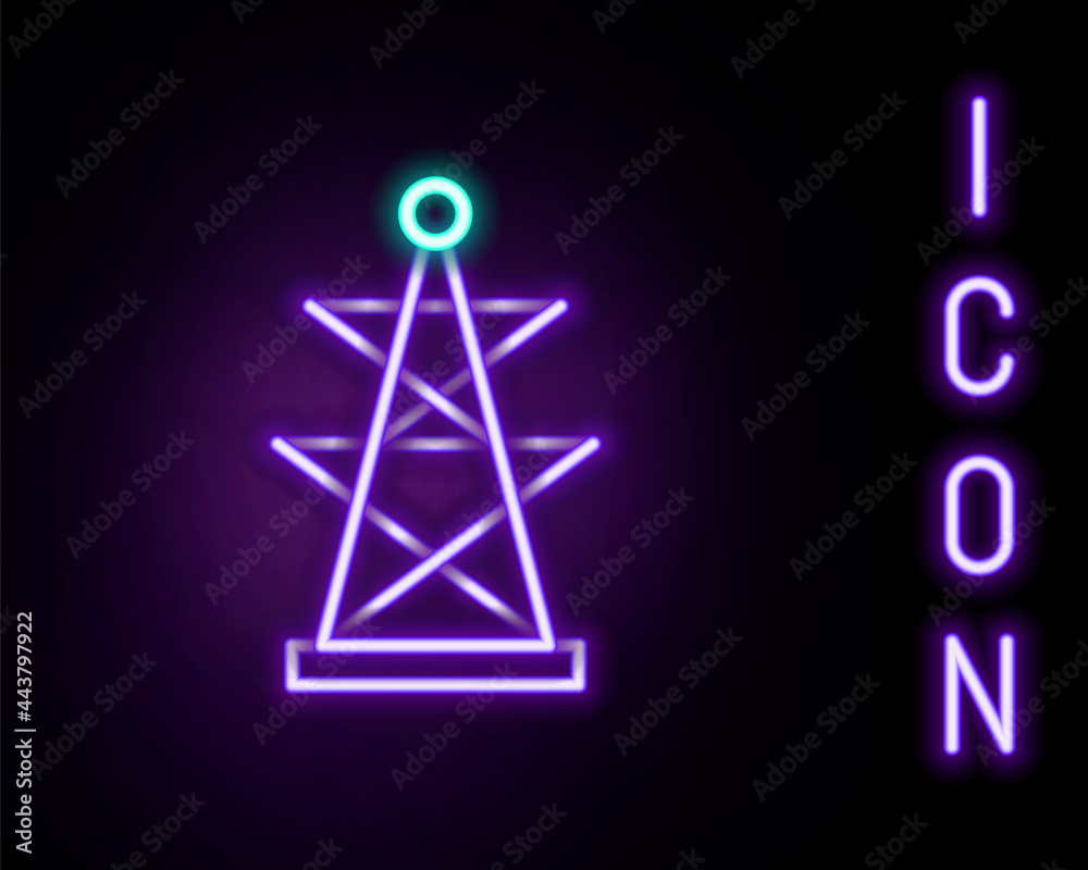 Glowing neon line Electric tower used to support an overhead power line icon isolated on black background. High voltage power pole line. Colorful outline concept. Vector Glowing neon line Electric tower used to support an overhead power line icon isolated on black background. High voltage power pole line. Colorful outline concept. Vector