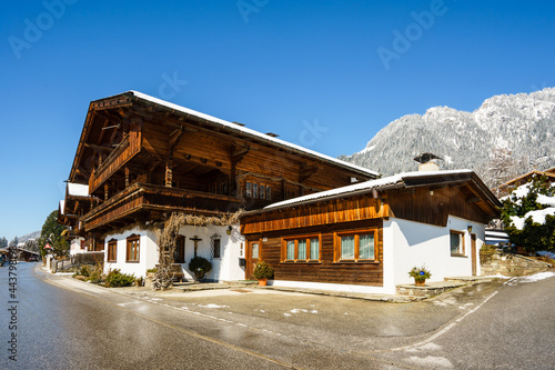 ALPBACH, AUSTRIA - MARCH 09: typical wooden houses on March 09, 2016 in Alpbach, Tyrol, Austria. © Pabkov