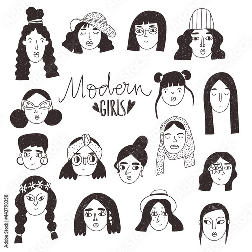 Modern Girls doodle set. Different women faces in simple style.