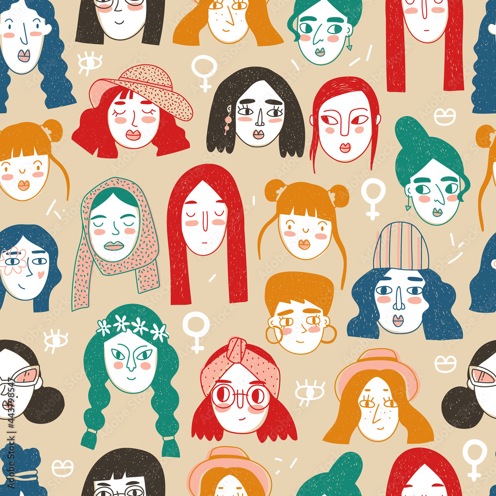 Modern Girls doodle seamless pattern. Different women faces in simple style. Modern Girls doodle seamless pattern. Different women faces in simple style.
