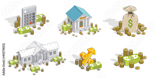 Savings concept 3D vector illustrations set isolated on white background, with bank and moneybag, retirement savings, investment, credit and deposit, financial safety.