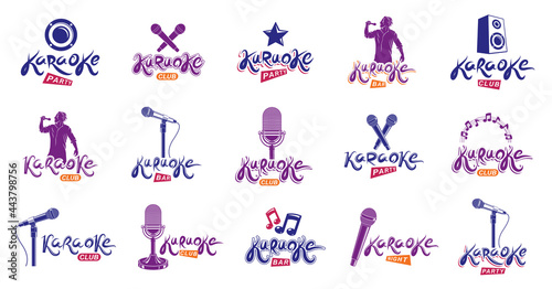 Karaoke logos and emblems vector set, microphones and musical notes singing party or club compositions isolated collection, music entertainment nightlife weekend holidays or birthday theme.